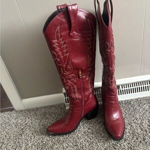 Red Embroidered Western Knee-High Heeled Boots